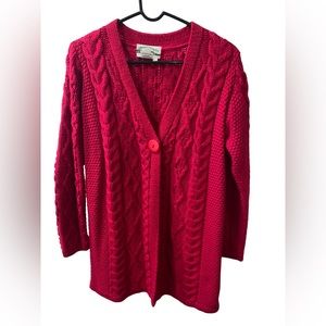 Aran Crafts Pink Button Front Cable Knit Irish Wool Sweater Coat Cardigan Sz L